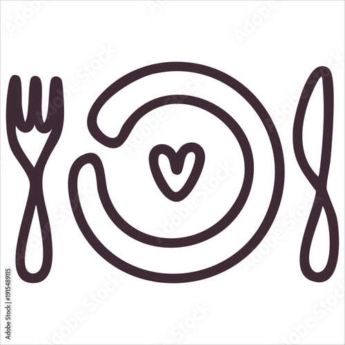 Hand drawn linear sketch of dining utensils with plate fork and knife on pink background vector art