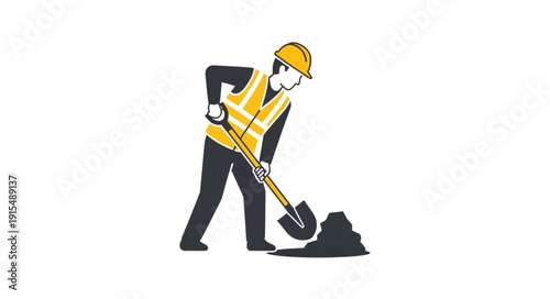 Construction Worker Shoveling Dirt Ground.