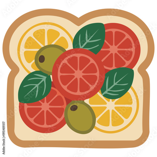 Appetizing Italian bruschetta toast topped with fresh tomatoes basil and olives isolated vector design
