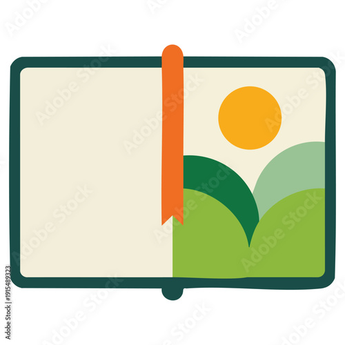 Educational illustration of open hardcover book with nature scene bookmark and pages isolated on white background