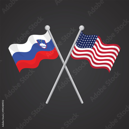 crossed united states and slovenia waving flags flat design illustration for international diplomatic relationship or cooperation