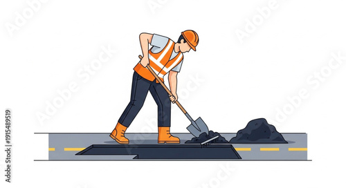 Construction Worker Laying Asphalt Road.
