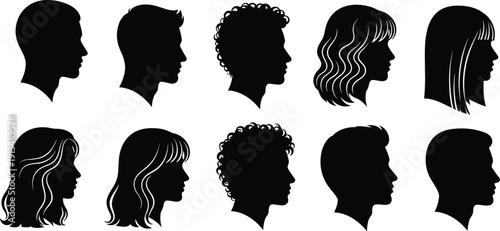 Collection of professional male and female profile head silhouettes with various hairstyles including curly wavy straight and short for beauty salon,