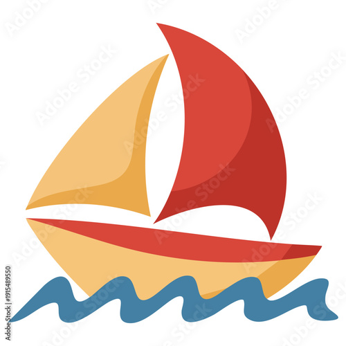 Nautical scene illustration featuring sailboat navigating through ocean waves on white background