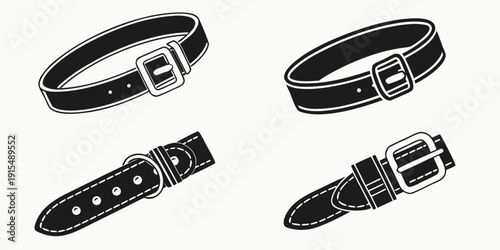 Fotografie Four black leather belts with silver buckles laid out in a square pattern Vector