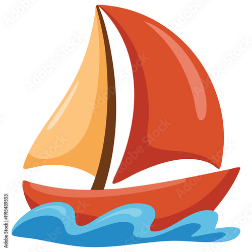 Maritime vector art showing traditional sailboat sailing on wavy sea surface isolated design