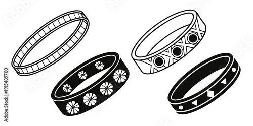 Photography Assorted black and silver rings displayed on a white background Vector