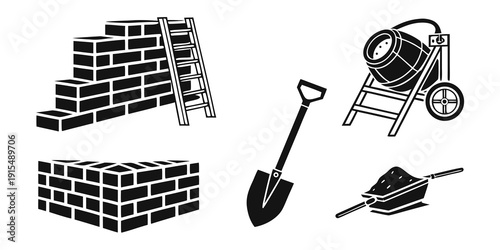 Foto Tools and materials for bricklaying and gardening displayed on a white backgroun