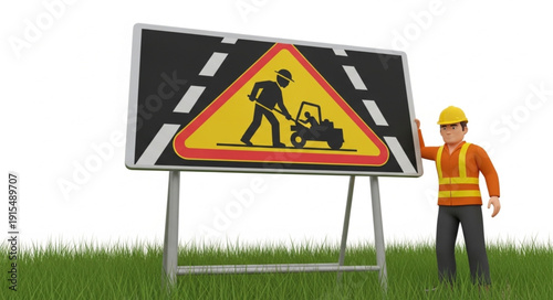 Construction Worker Near Road Sign.