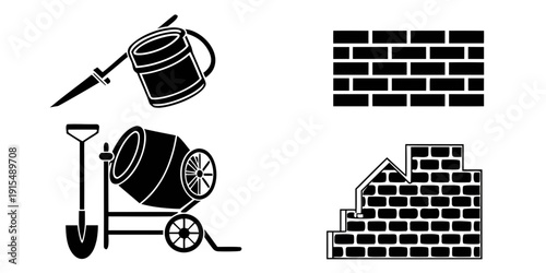 Bild auf Leinwand Construction tools and materials for building a brick structure Vector