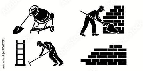 Foto Construction workers diligently building a brick wall with various tools Vector