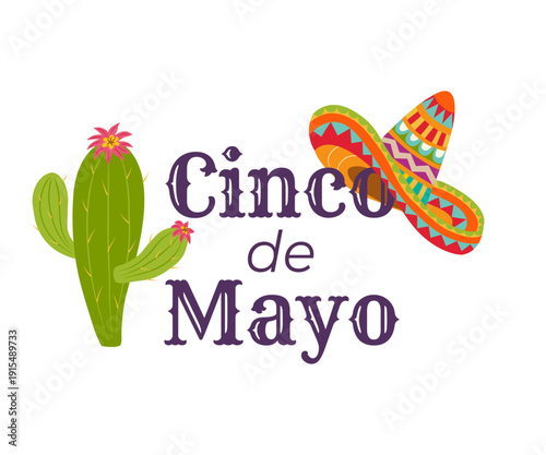 A cactus and a sombrero with the words cinco de mayo written below.