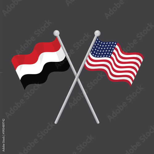 Waving Yemen and United States national flags crossed on silver poles for international official partnership relations