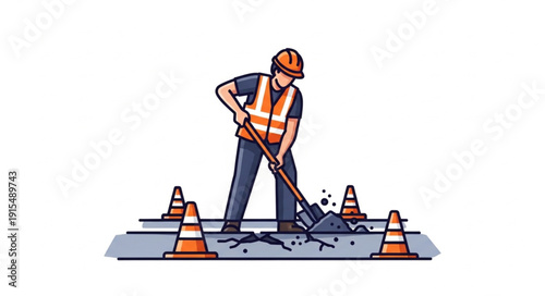Construction Worker Repairing Road Surface.