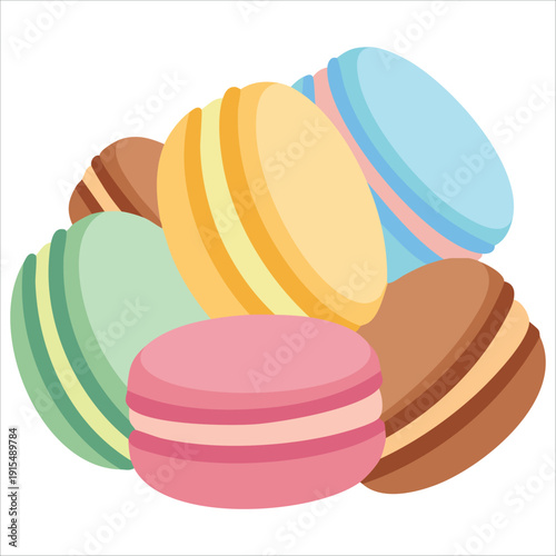 Delicate French macaron cookies stacked in sweet colorful dessert illustration isolated vector design