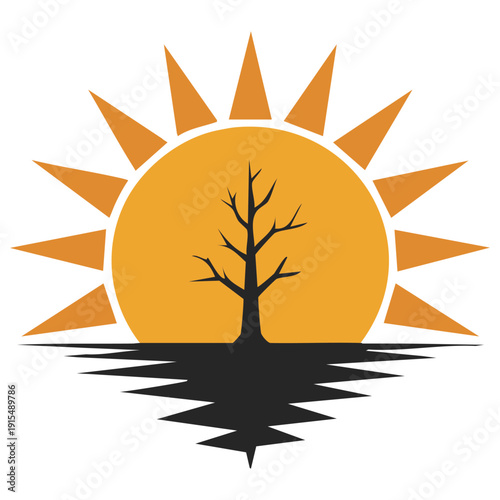 Environmental disaster icon showing drought landscape with dry tree and scorching sun vector design
