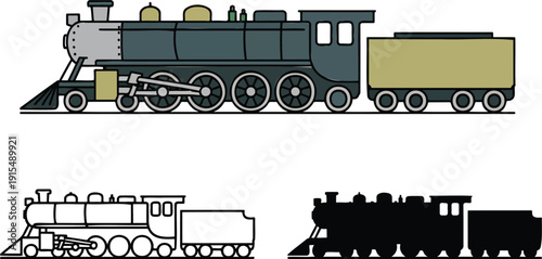 Vintage steam locomotive train silhouette & Outline and illustration set isolated on transparent background
