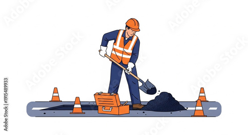 Construction Worker Repairing Road Surface.