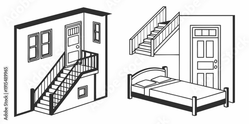 Cuadro en lienzo A comparison of a house with a steep staircase and a house with a loft ladder