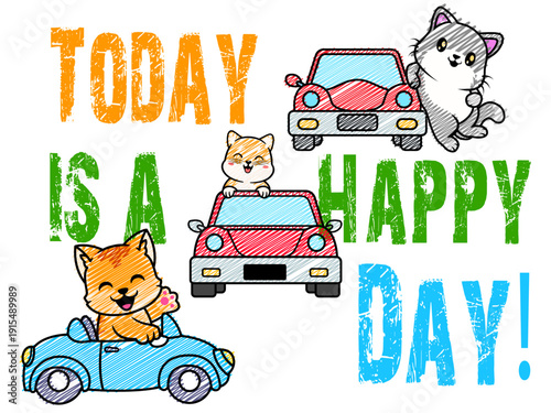 today happy day cute cartoon cats driving cars 