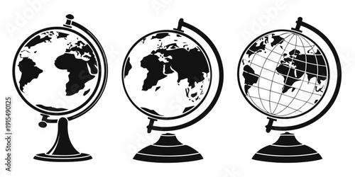 Konstfotografi Three vintage globes showcasing different perspectives of the world