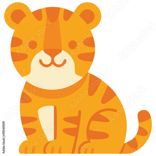 Adorable cartoon tiger sitting peacefully with friendly expression vector illustration on white background