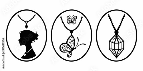 Quadro em tela Three distinct necklaces with unique designs and pendants displayed in oval fram