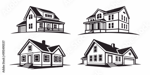 Four distinct house designs showcasing architectural diversity and style. Vector