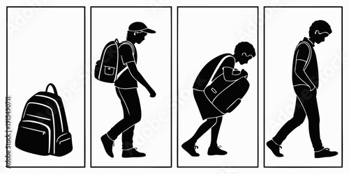 Illustration of a person picking up a backpack and putting it on Vector