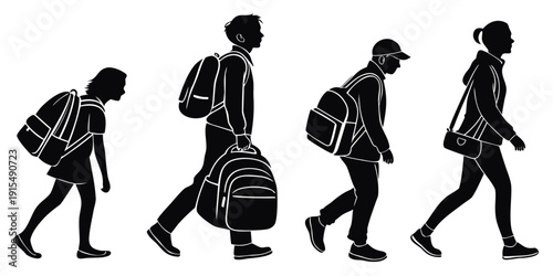 Four people walking with backpacks in different styles and postures. Vector