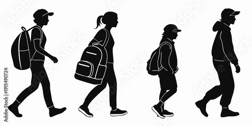 Illustration of four children walking with backpacks in a line Vector