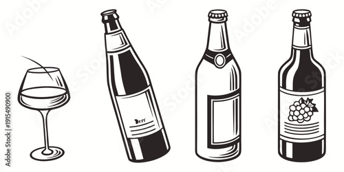 A variety of drink containers including a wine glass, a bottle of wine, and two beer bottles. Vector