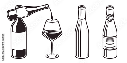 Assorted bottles and glassware displayed in a row Vector