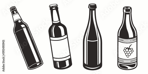 Four different types of wine bottles lined up in a row Vector