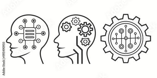 Illustration of human minds connected to gears representing artificial intelligence Vector
