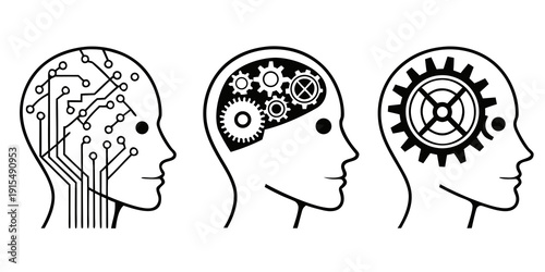 Three stylized human heads representing the evolution of the mind and technology. Vector