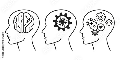 Illustration of three heads representing different aspects of human thought and cognition Vector