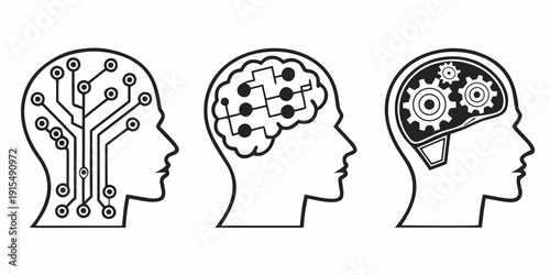 Illustration of three human profiles with interconnected nodes representing brain activity Vector