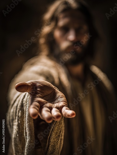 Jesus reaching hand forward, spiritual scene of mercy, calling and salvation, symbol of faith, forgiveness and hope, Christian concept of love and divine grace