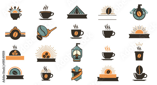 A collection of retro-style logos and icons for a coffee shop, featuring coffee cups, beans, and sunrise motifs for branding.