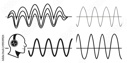 Waveforms and sound waves: visualizing different types of sound patterns Vector