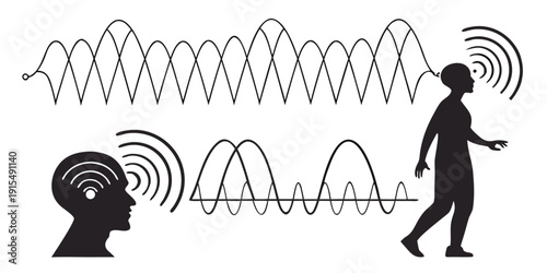 Person walking while listening to music with headphones and sound waves visible Vector