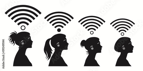 Four profile heads with different hairstyles and wireless signals above them Vector