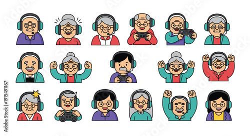 A set of expressive avatars featuring elderly men and women wearing gaming headsets, showing excitement, focus, and joy.