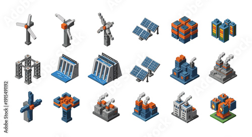 An isometric icon set of various power plants and renewable energy sources, including wind turbines, solar panels, and hydroelectric dams.