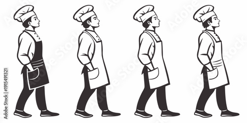A sequence of four individuals walking in a straight line, each wearing a hat and carrying a bag. Vector