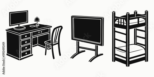 A classroom setting with a teacher's desk, a student's desk, and a bookshelf. Vector