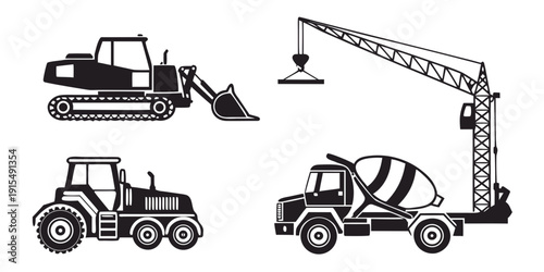Construction equipment including a bulldozer, crane, and concrete mixer on a job site. Vector