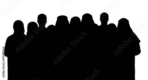 Silhouette crowd gathered closely together behind a barrier or podium