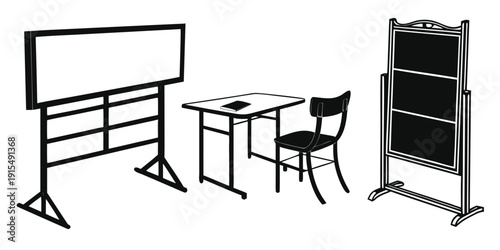 A classroom setup with a whiteboard, a table, and a chair. Vector